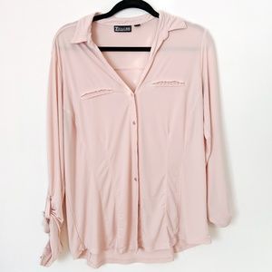 Pink button up blouse with roll cuffs